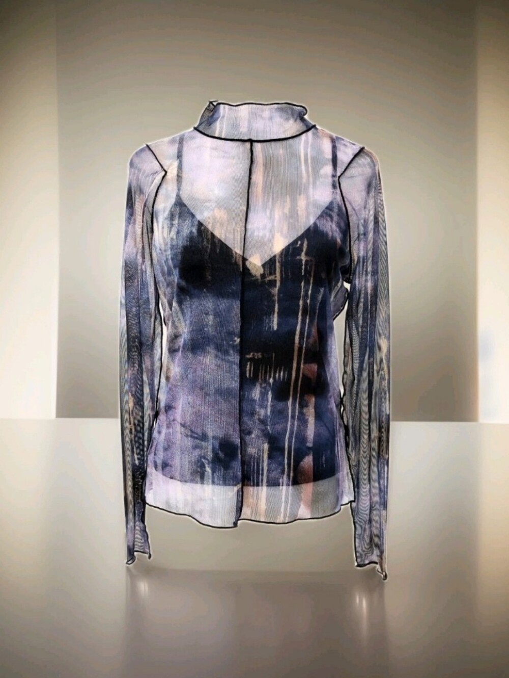 DKNY Sheer Abstract Long Sleeve Mock NeckTop - Blue, White Top& Bottom (2Piece)